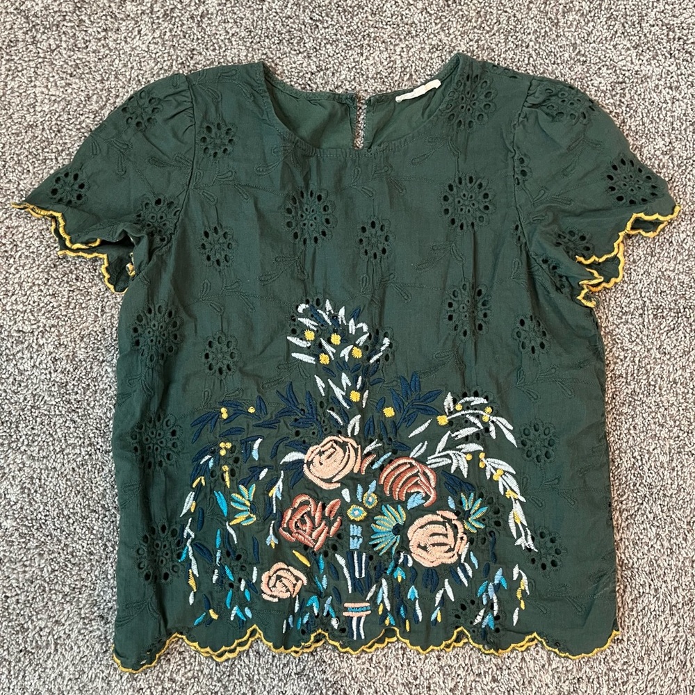Tea n Rose Dark Green Embroidered Blouse Size Small